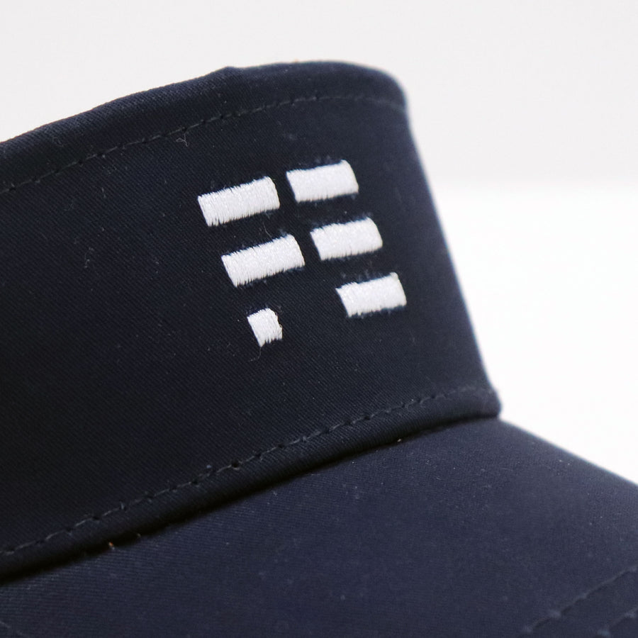 Women's navy golf visor cap. Logo on the front, terry towel lining.