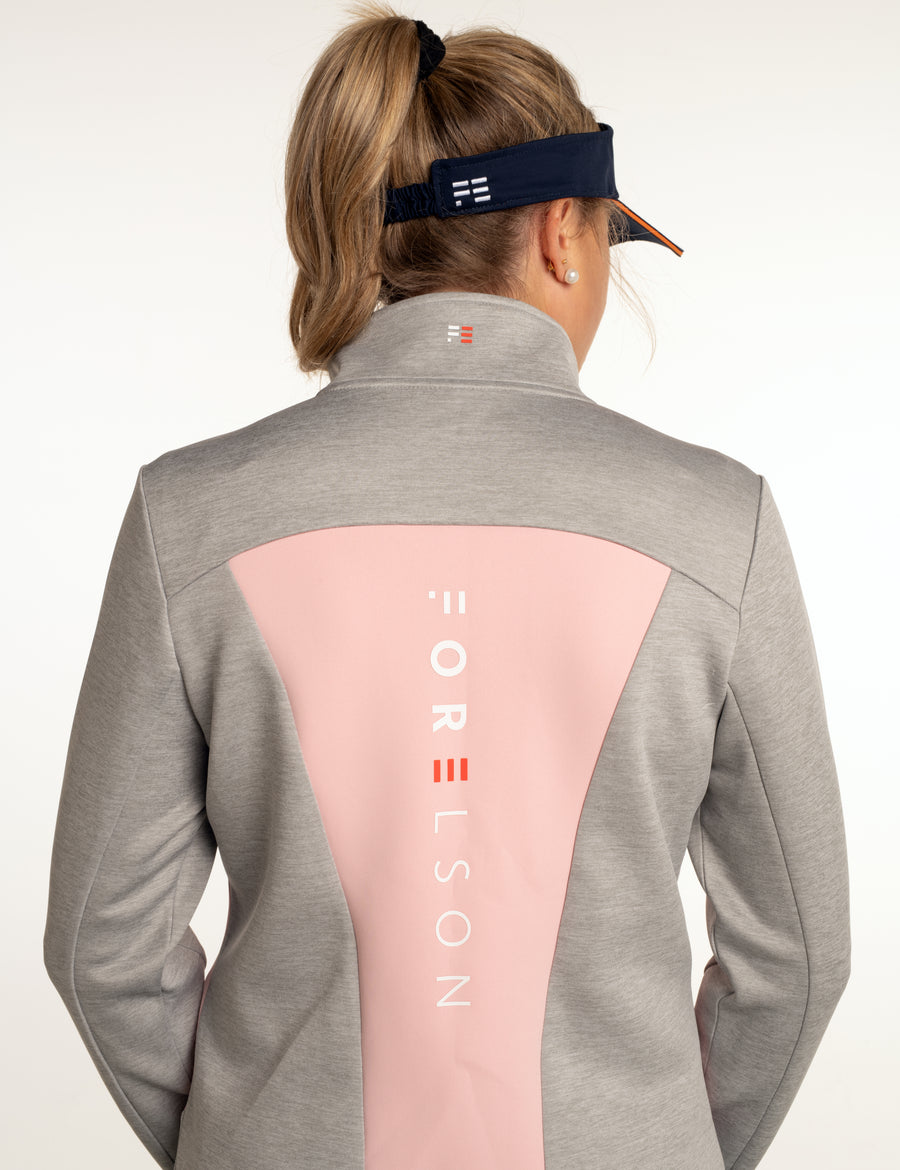 Women's grey golf sweatshirt. Long sleeved, zip up with collar. Soft fabric, allows easy movement.