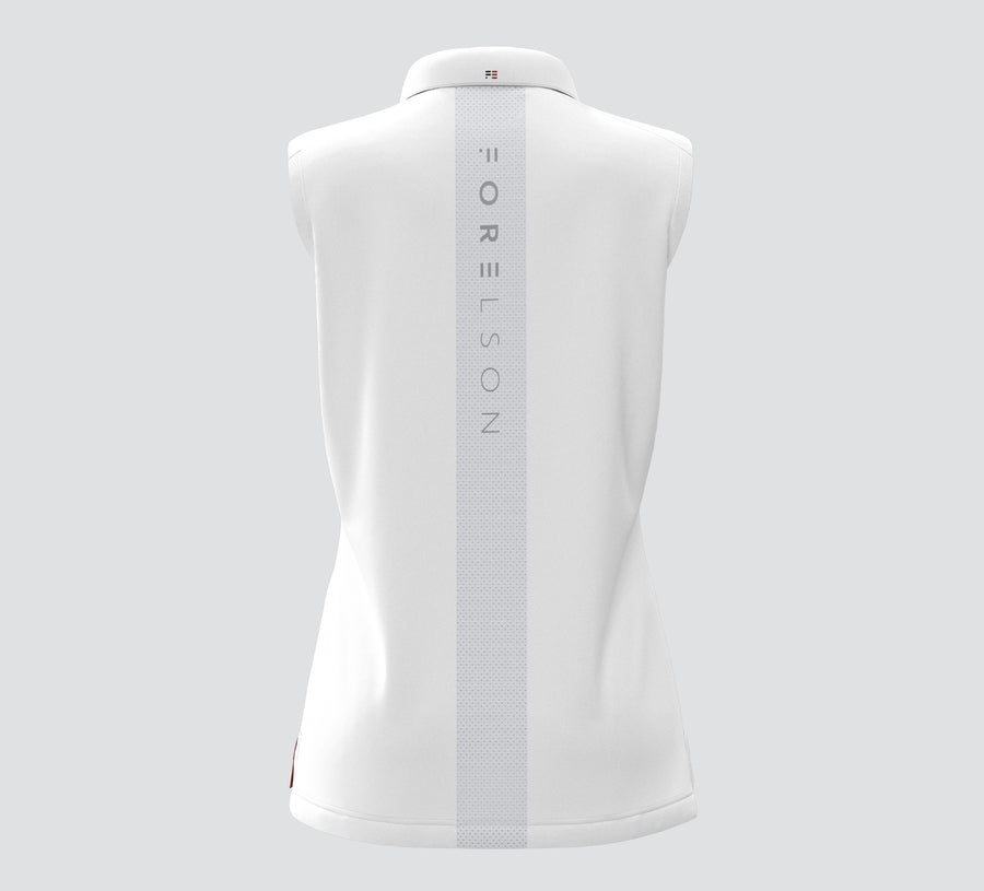 Women's white sleeveless golf polo. Wicking fabric and UPF50 sun protection.