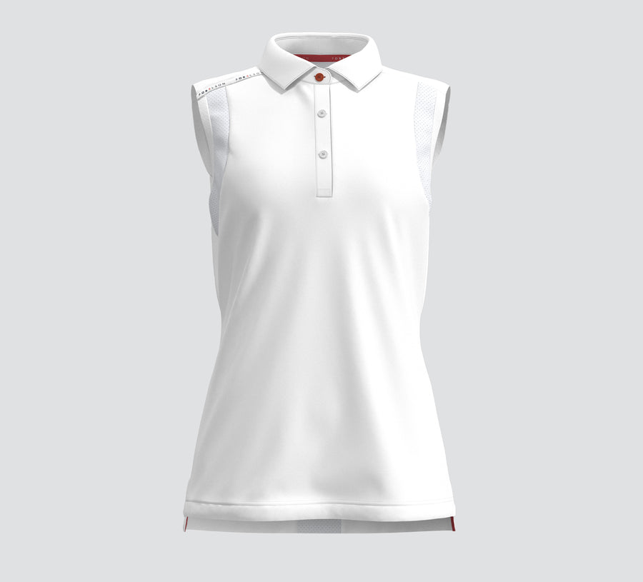 Women's white sleeveless golf polo. Wicking fabric and UPF50 sun protection.